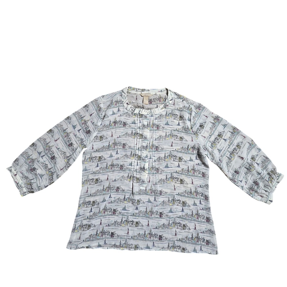 Banana Republic Womens NYC Skyline Sailboat Print Pleated Blouse L Office Siren